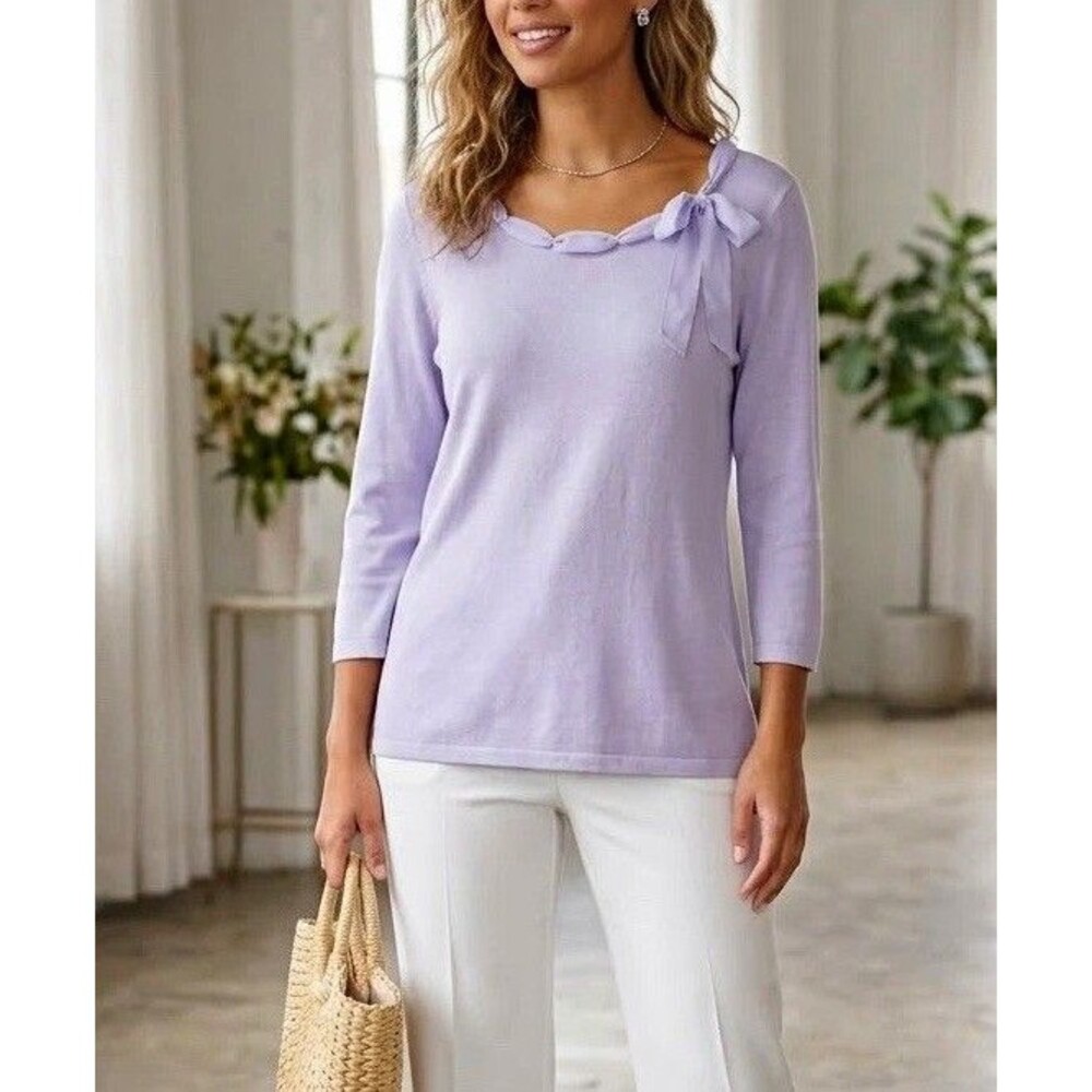 Ann Taylor Womens L Purple Solid Knit Scoop Neck 3/4 Sleeve Pullover Bow Top